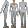 Sexy V Neck Grey Elastic Polyester Cotton Grey Women Sweat Ruched Stacked Pants